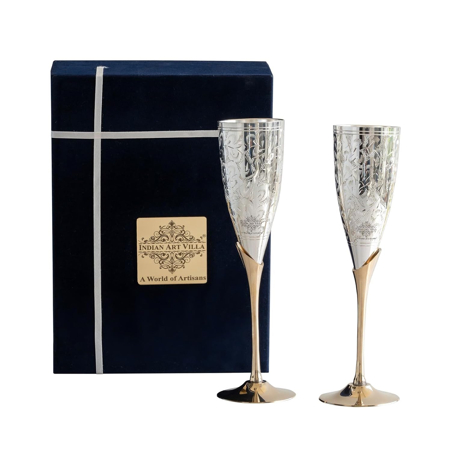 INDIAN ART VILLA Silver Plated Goblet Flute Wine Glass with Blue Box, Best for Parties, Diwali Gift Item, 100 ML Each, Set of 2