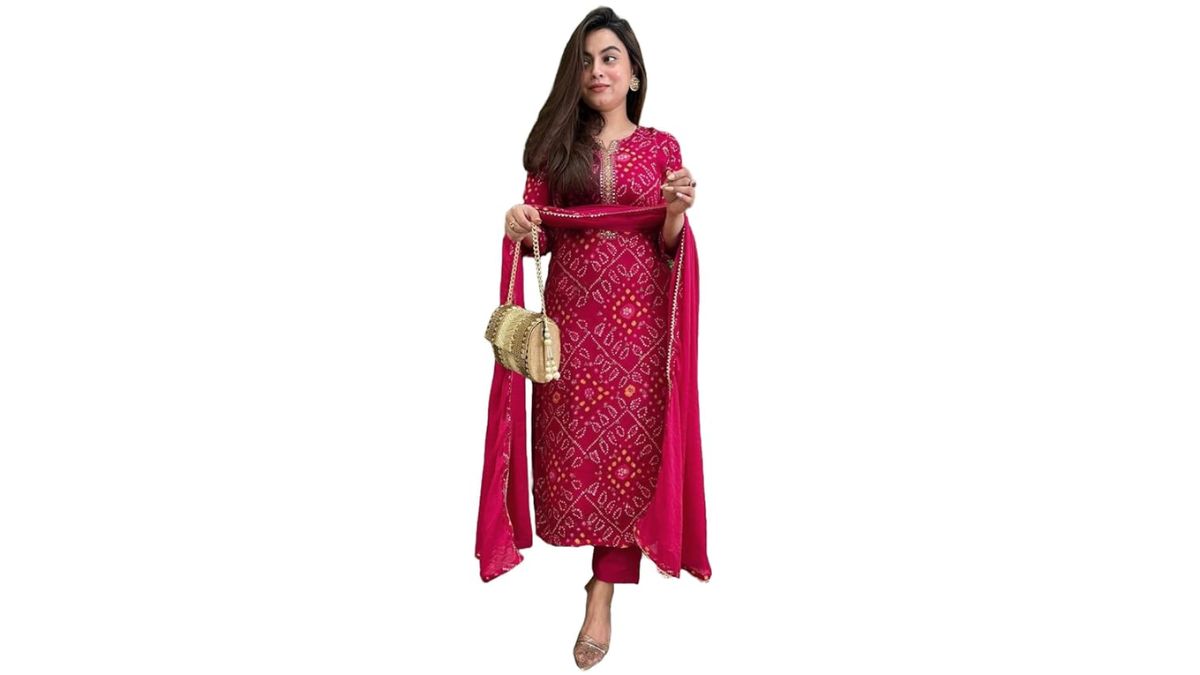 GoSriKi Women's Rayon Viscose Straight Bandhej Printed Kurta with Pant & Dupatta