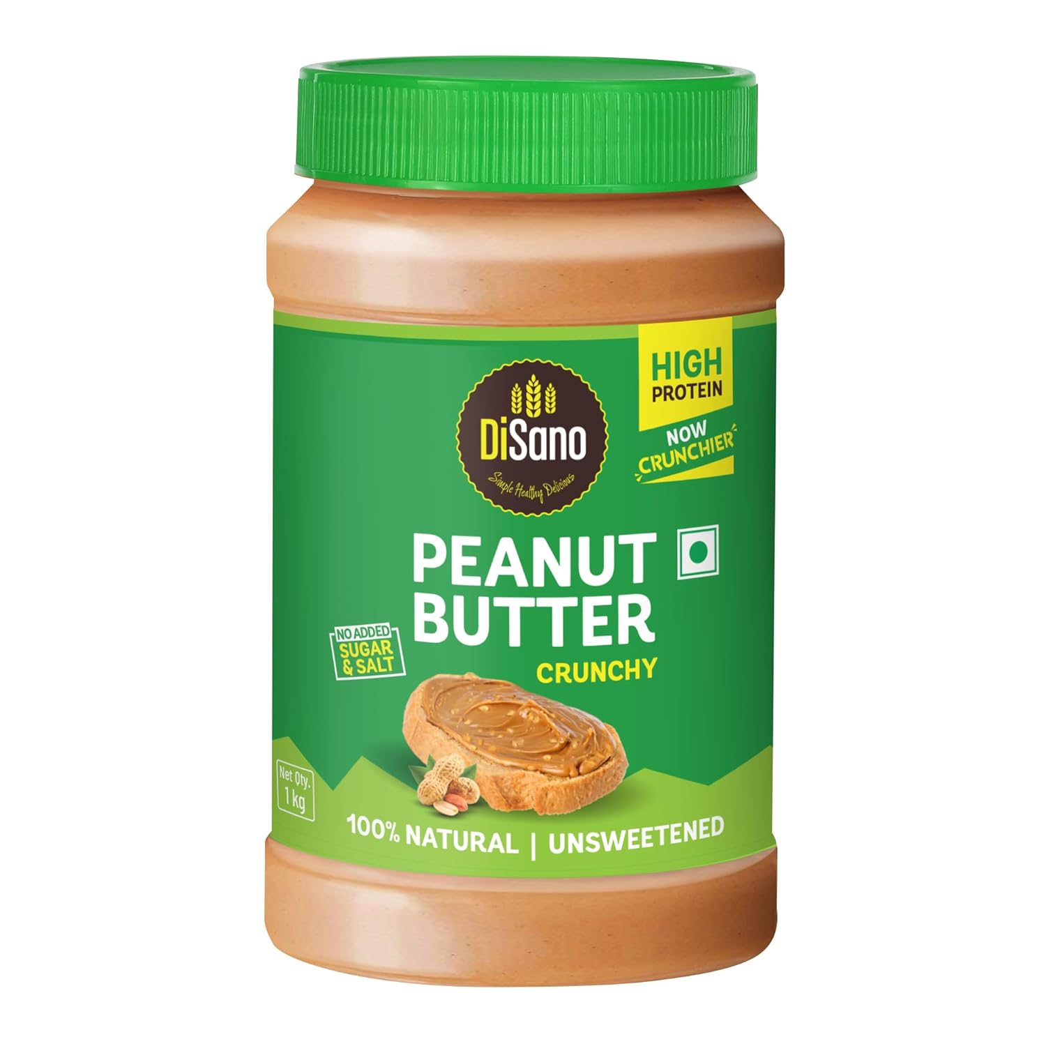 DiSano Natural Crunchy Peanut Butter 1Kg, Unsweetened, High Protein Peanut butter with No Added Sugar or Salt, Nut Butter Spread, 100% Roasted Peanuts