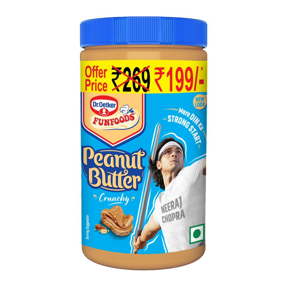 Dr. Oetker FunFoods Peanut Butter Crunchy, 750g | 91% Roasted Peanuts | 25% Protein per 100g| Source of Vitamin E, B3 & B6 | Nutty & Sweetened Nut Butter | Plant-Based Protein Spread | No Palm Oil, Gluten or Cholesterol | Ideal for Breakfast, Snacks