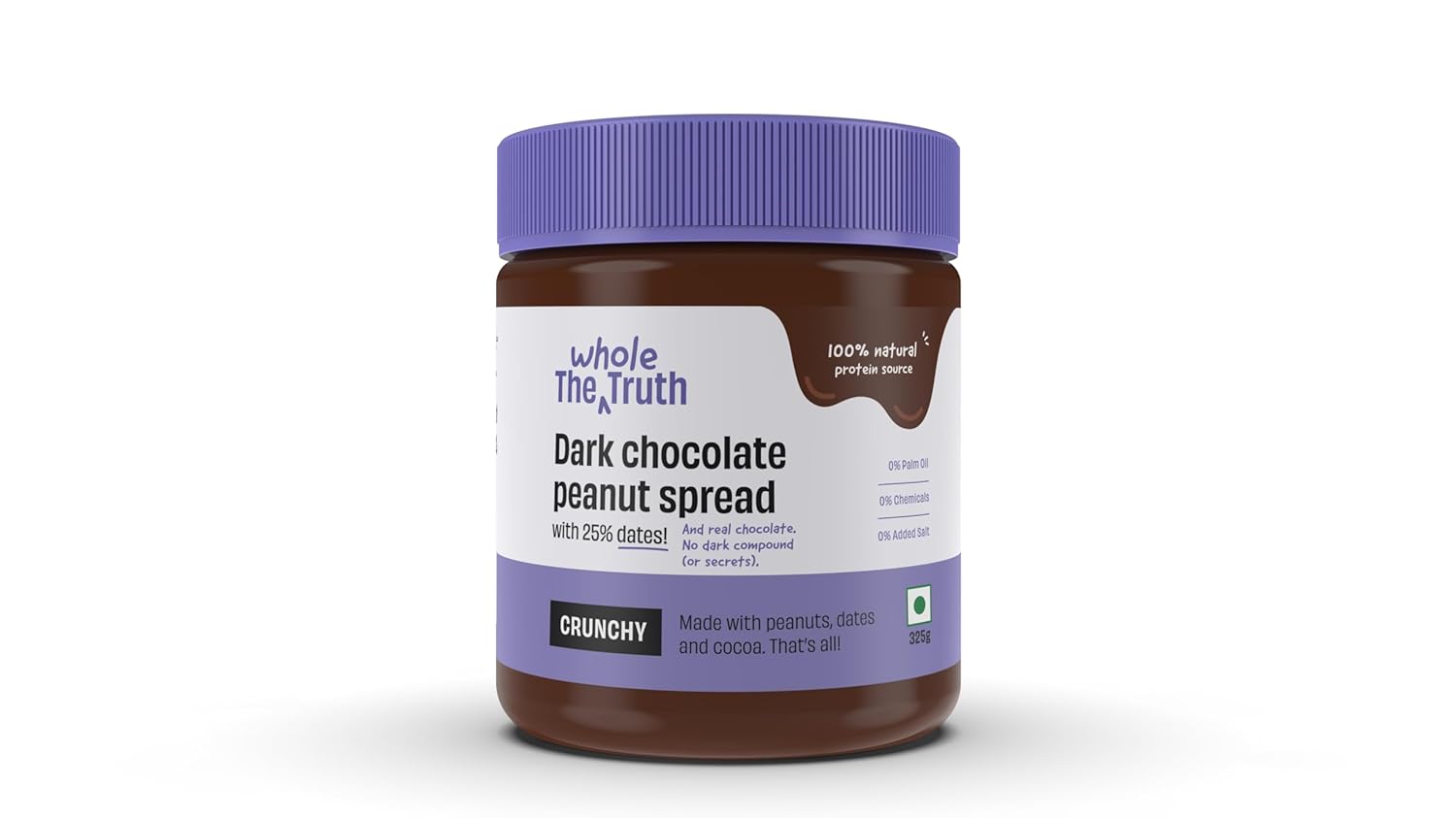 The Whole Truth - Dark Chocolate Peanut Butter | 325 Gm | Crunchy | No Added Sugar | High Protein | No Artificial Sweeteners | No Palm Oil | Vegan | Gluten Free | No Preservatives | 100% Natural