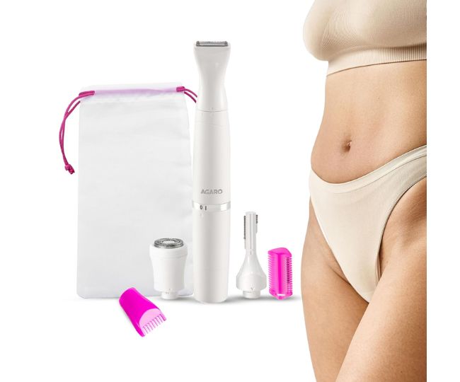 AGARO Rechargeable 3-in-1 Multi Trimmer For Women, Multipurpose Hair Remover for Women, Face, Leg, Eyebrow, Underarms, Bikini Trimmer, 90 minutes Runtime, White