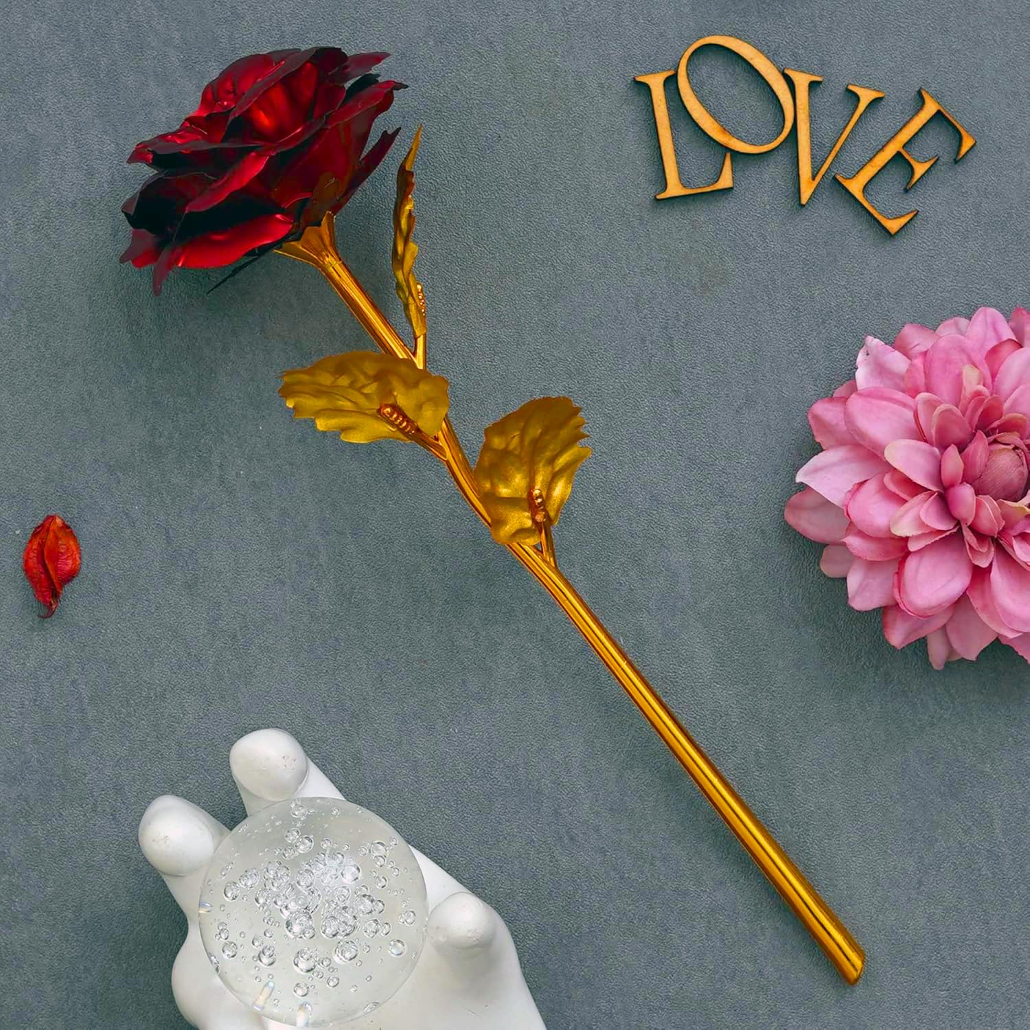 eCraftIndia Golden Red Rose Flower Showpiece | Rose Day Valentine Gift for Girlfriend Boyfriend Husband Wife Her Him | Valentine Day Decoration Items