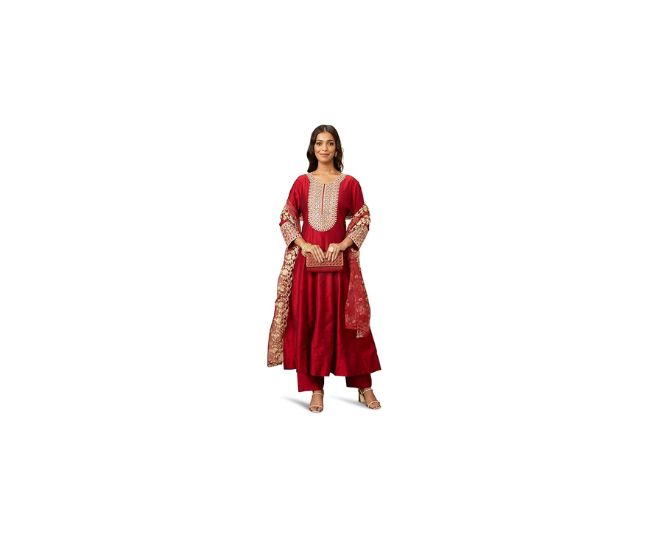 Amazon Brand - Myx Women's Embroidered Anarkali Kurta Pant Set with Organza Dupatta | Viscose,Rayon | A-line fit