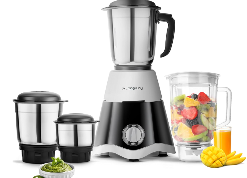 Longway Super Dlx 750 Watt Juicer Mixer Grinder with 4 Jars for Grinding, Mixing, Juicing with Powerful Motor | 1 Year Warranty | (Black & Gray, 4 Jars)