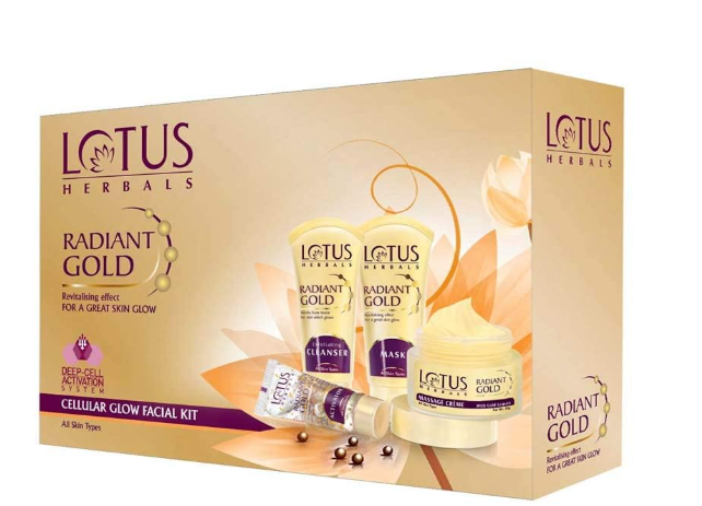 Lotus Herbals Radiant Gold Cellular Glow 5 in 1 Facial Kit | With 24K Gold leaves | For Natural Golden Glow Skin | For Women & Men | All Skin Types |170g