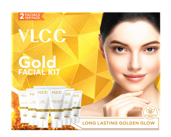 VLCC Gold Facial Kit, Bright & Glowing Skin - 60g | Pamper your Skin for a Luminous Glow | Parlour Glow with 24K Gold Bhasma, Rose Extracts, Turmeric & Aloe Vera.