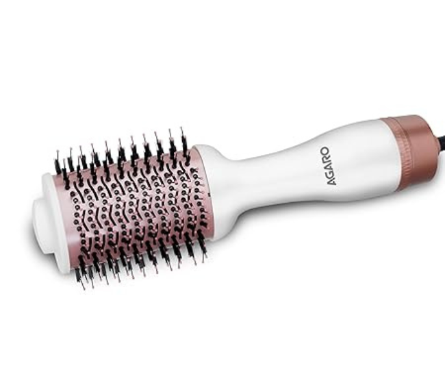 AGARO HV2179 Hot Air Brush for Hair, Hair Blow Dryer Brush, Volumizer & Styler, 360° Airflow Vent, Oval Barrel for Hair Volume, Charcoal Bristles, Ceramic Tourmaline Coating Brush Head, 1200W, White