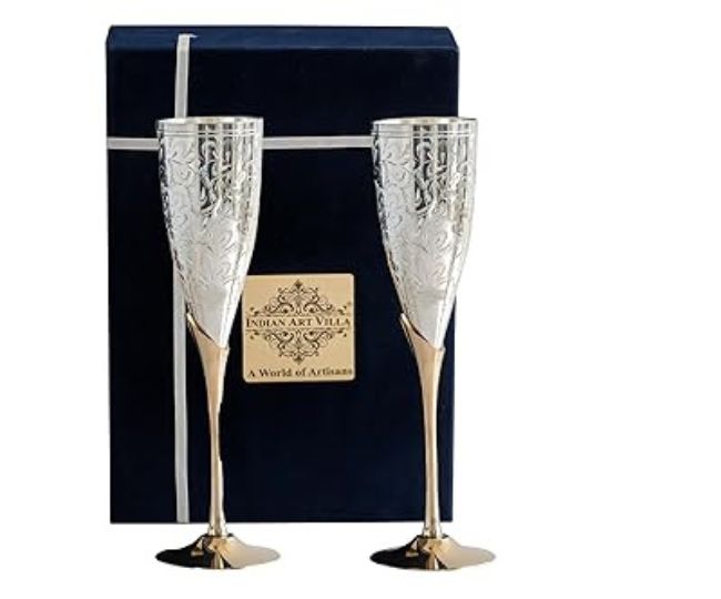 INDIAN ART VILLA Silver Plated Goblet Flute Wine Glass with Blue Box