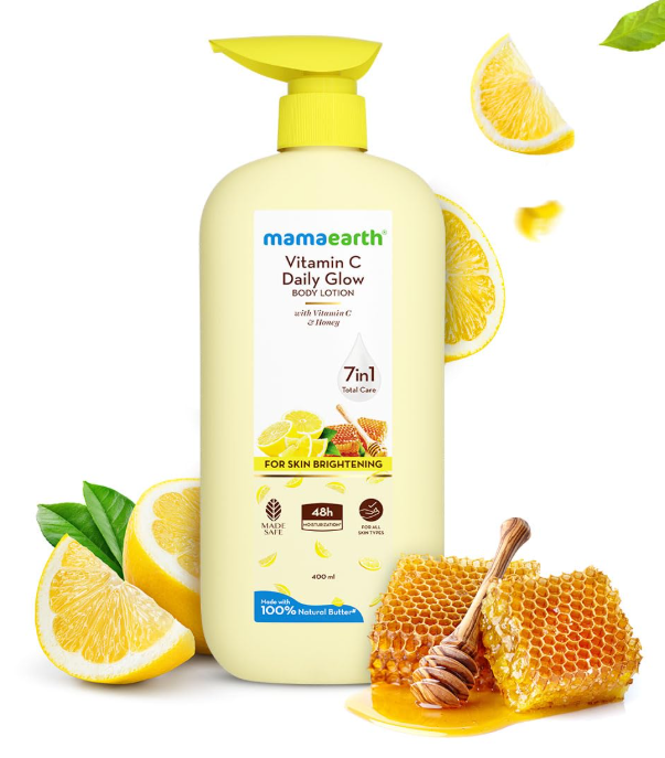 Mamaearth Vitamin C Daily Glow Body Lotion For Skin Brightening with Vitamin C & Honey 400ml|Nourishes Dry Skin|48 H Moisturization| 100% Natural Butter | Non-Greasy Smooth Skin | For All Skin Types