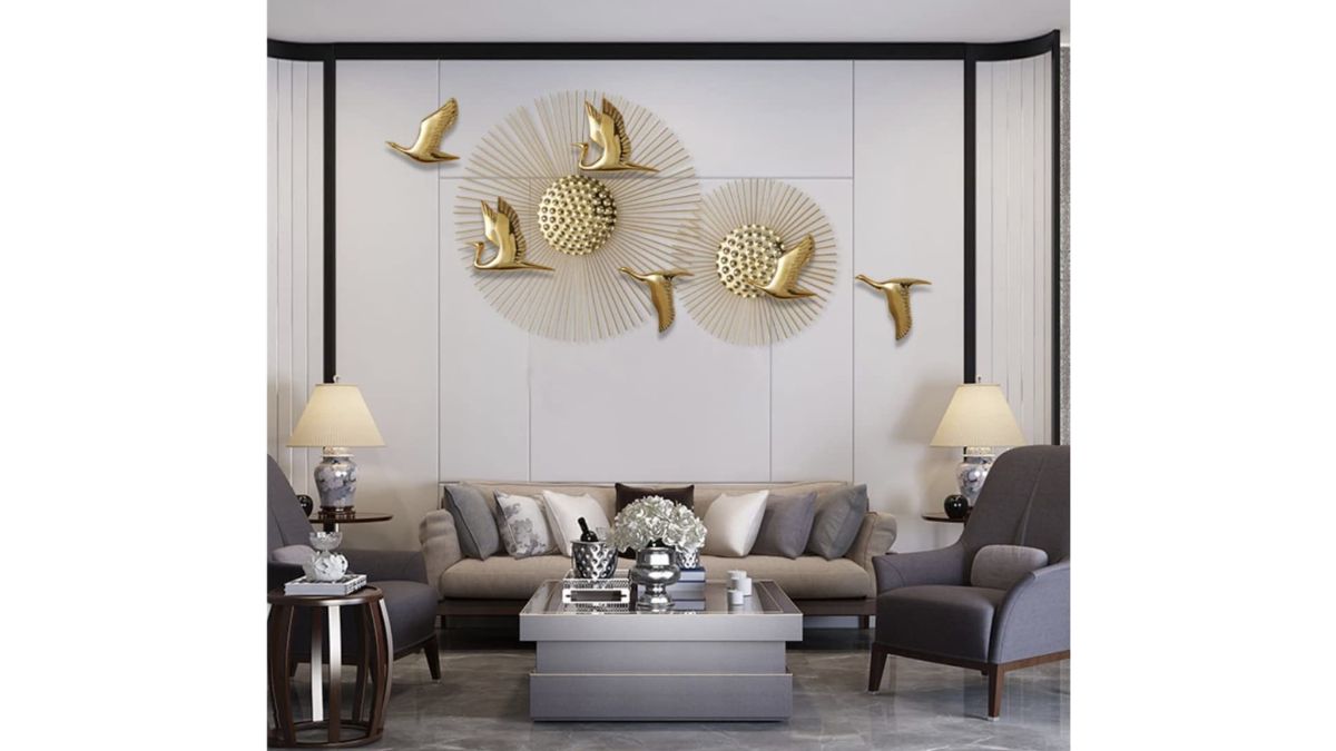 ZOVE Golden Metal Wall Art | 6 Birds & 2 Suns Iron Wall Hanging | 65 Inch (After Assembly) Large Home Decoration for Living Room, Bedroom, Hotel & Restaurant