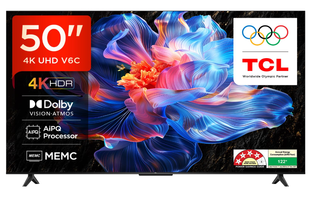 TCL 126 cm (50 inches) Metallic Bezel Less Series 4K Ultra HD Smart LED Google TV 50V6C (Black)
