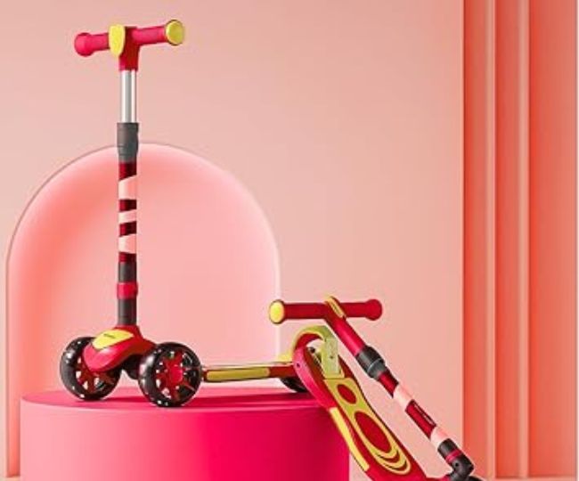 Storio Rooster Foldable Kick Scooter for Kids with LED Light Wheels | Skating Cycle Style Scooter with Adjustable Handle & Foldable Design | Lightweight Ride-On Toy for Boys & Girls - Red & Yellow