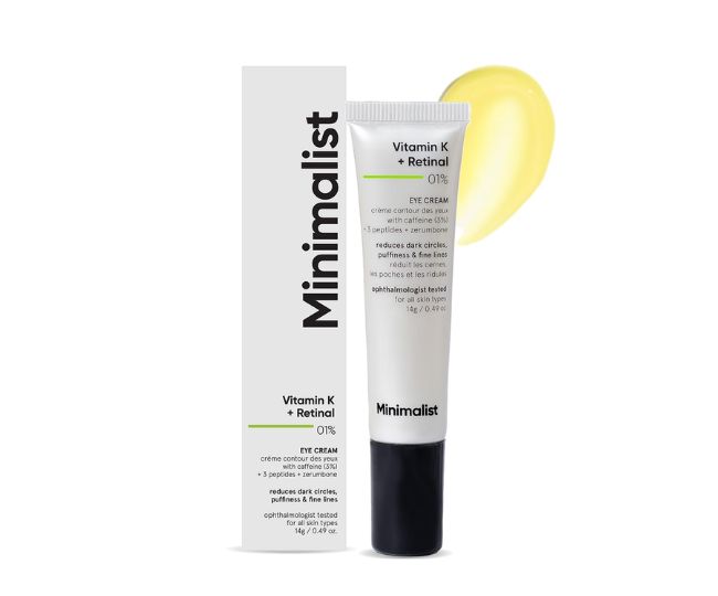 Minimalist Vitamin K + Retinal 01% Under Eye Cream | Reduces Dark Circles, Wrinkles & Fine Lines | With Caffeine for Puffiness | For Women & Men | 14 gm