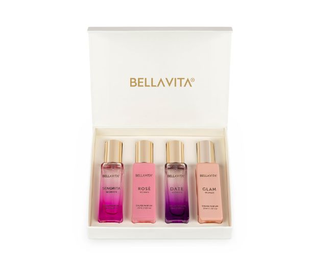 Bella Vita Luxury Perfume Gift Set for Women | 4x20ml | Date, Senorita, Glam, Rose | Long Lasting EDP | Rakshabandhan Gift for Sister | Rakhi Gift Set for Sister | Fruity, Floral, Premium Fragrance