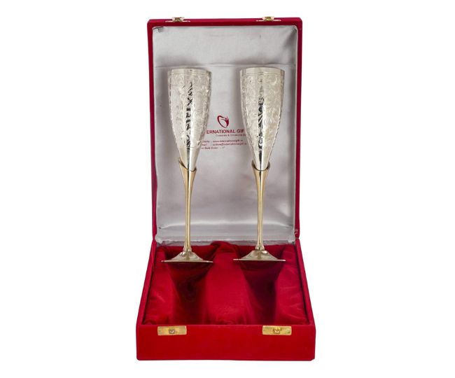 INTERNATIONAL GIFT German Silver Wine Glass with Beautiful Velvet Box Packing and with Carry Bag (Set of 2 Pieces Glass / 28 Centimeters)