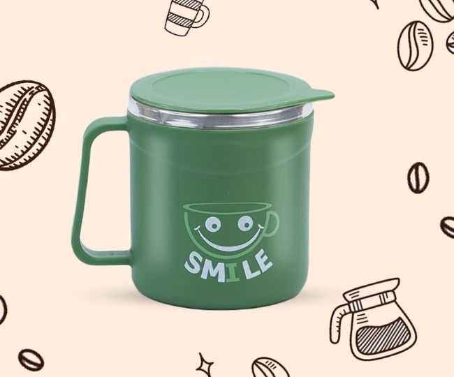 Attro Happy Mug Comes with Double Wall Inner Stainless Still & Lid Stylish Cup