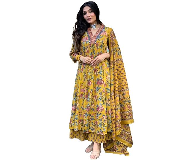 GoSriKi Women's Rayon Viscose Anarkali Printed Kurta with Palazzo & Dupatta