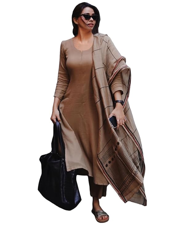 ANNI DESIGNER Women's Rayon Blend Straight Solid Kurta with Pant & Dupatta (Raja Saab Beige-VKS01_XL_Beige_X-Large)