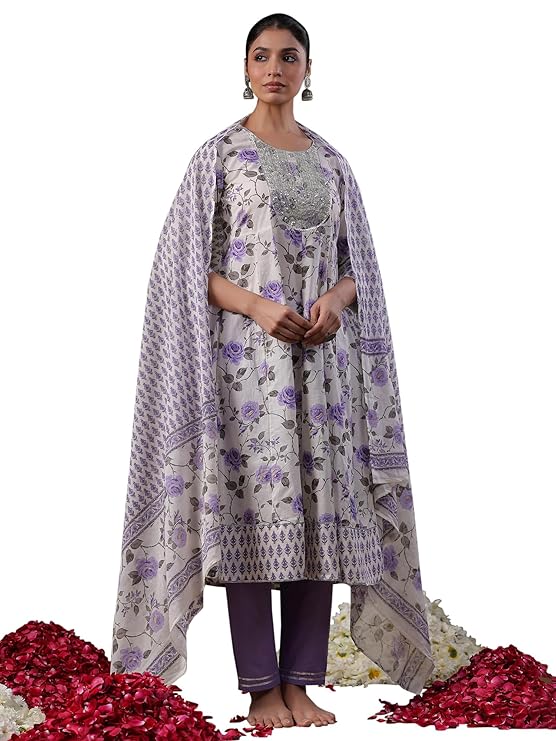 INDO ERA Women's Embroidered Pure Cotton Calf Length A-Line Kurta & Pant With Dupatta Set (SHDPU5362_Large)
