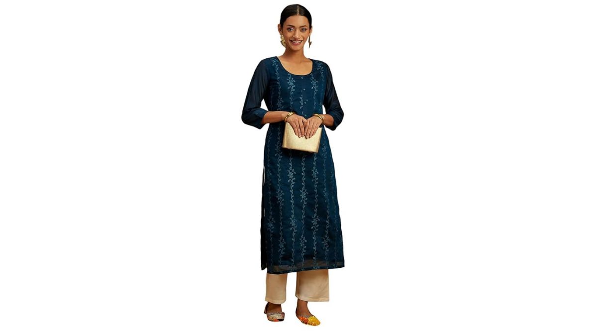 Libas Women's Chanderi Silk Embroidered Straight Fit Kurta (58007_Teal