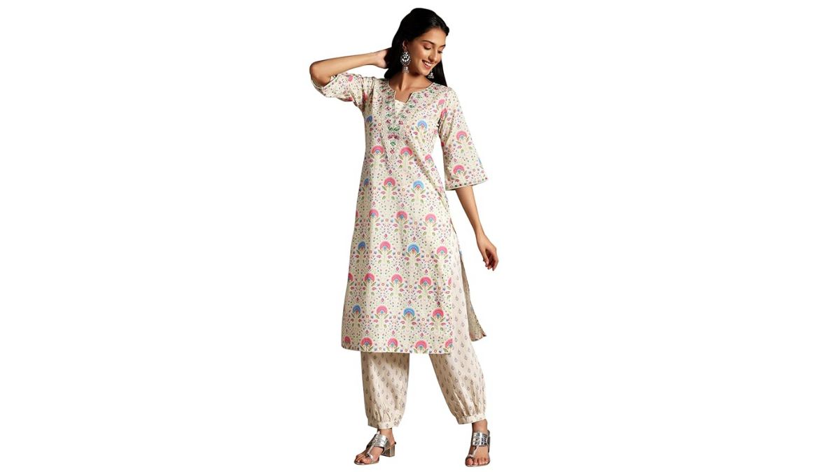 Libas Women's Off White Printed Cotton Straight Kurta Set With Salwar, 2XL