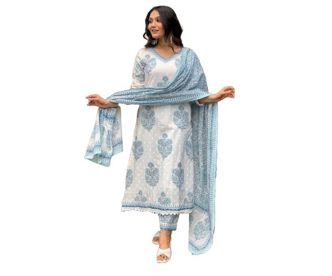 Nermosa Women Cotton Block Printed Kurta Pant 