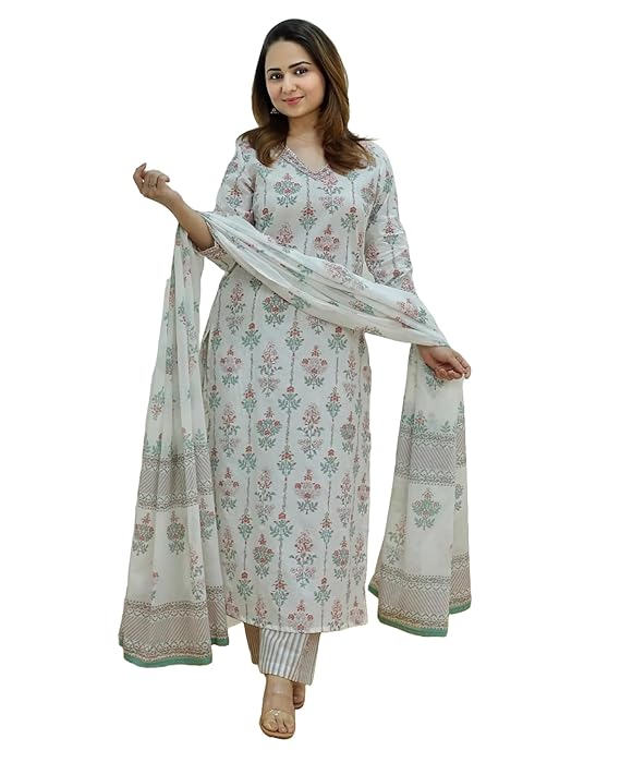 KLOSIA Women Printed Kurta and Pant Set with Dupatta (IN, Alpha, XL, White)