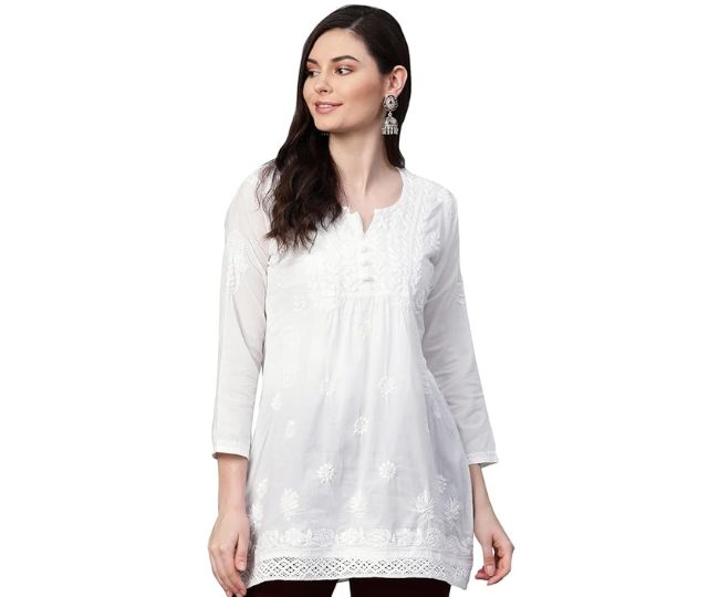 Ada Hand Embroidered Lucknow Chikankari White Cotton Short Kurti